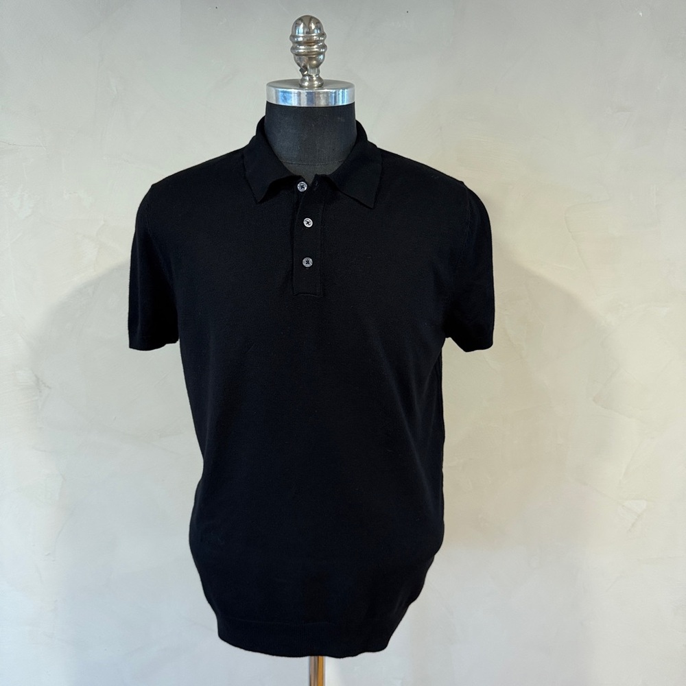 Zara Black Knit Polo Shirt Men’s L Minimal Short Sleeve